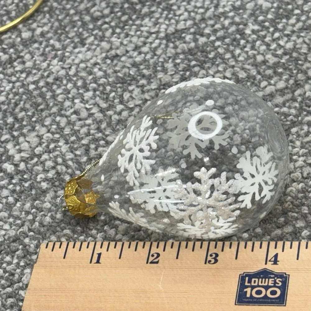 Clear Glass Christmas Ornaments With Glittery Snowflakes Gold Tops Various Shape